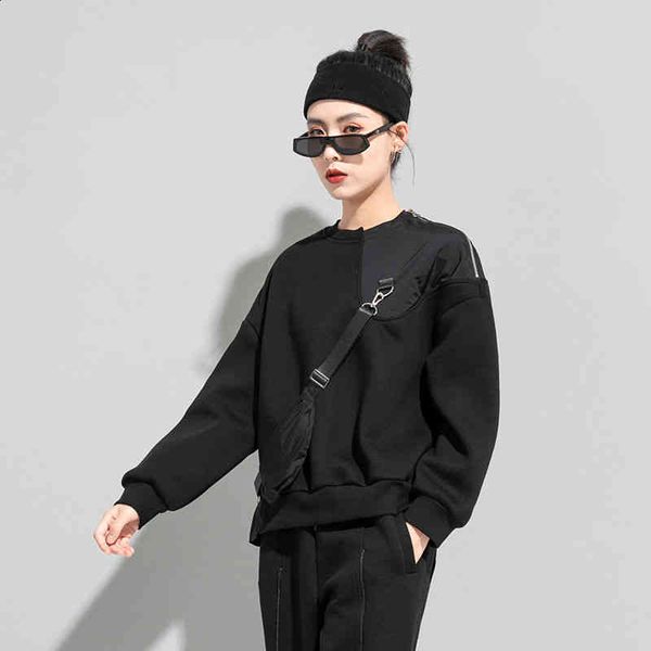 

women's hoodies & sweatshirts [eam] black irregular with fleece sweatshirt round neck long sleeve women big size fashion spring autumn