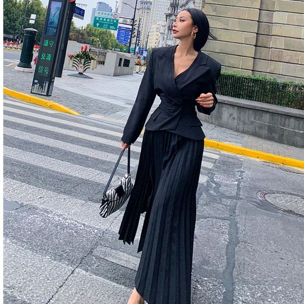 

[ewq] 2021 spring female office lady 2 piece set notched collar blazer coat single breasted+pleated split over knee skirt 8y434 two dress, White