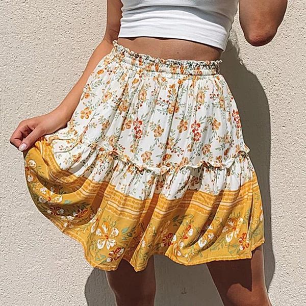 

summer skirt fashion retro beach printed chiffon high waist ruffled floral print short bohemia skirts, Black