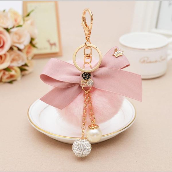 

keychains bowknot fur pom keychain ball key chians keyring porte clef llavers chain for bag charm acessory eh434, Silver