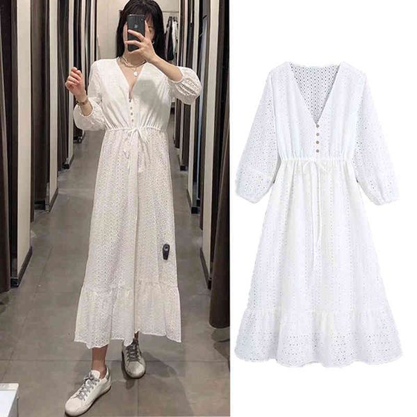 

casual dresses 2021 fashion hollow embroidery midi dress v neck long sleeve women slim waist chic party es 488d, Black;gray