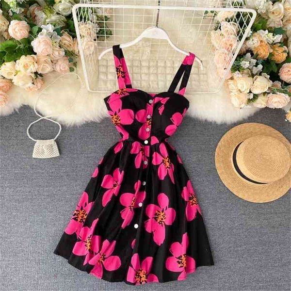 

retro women kleid boho dress summer with bar ladies floral single breasted a-line party vertidos mujer 210602, Black;gray