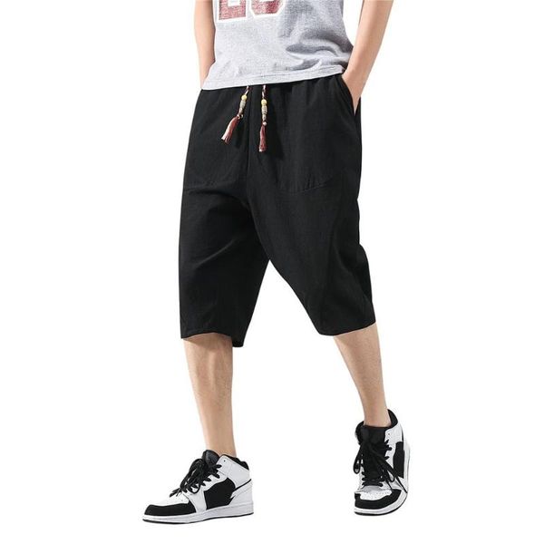 

men's casual slim sports pants linen calf-length trousers baggy harem mid summer, Black