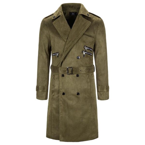 

men's wool & blends 5xl long trench coat autumn and winter suede jacket army green casual belt blended, Black