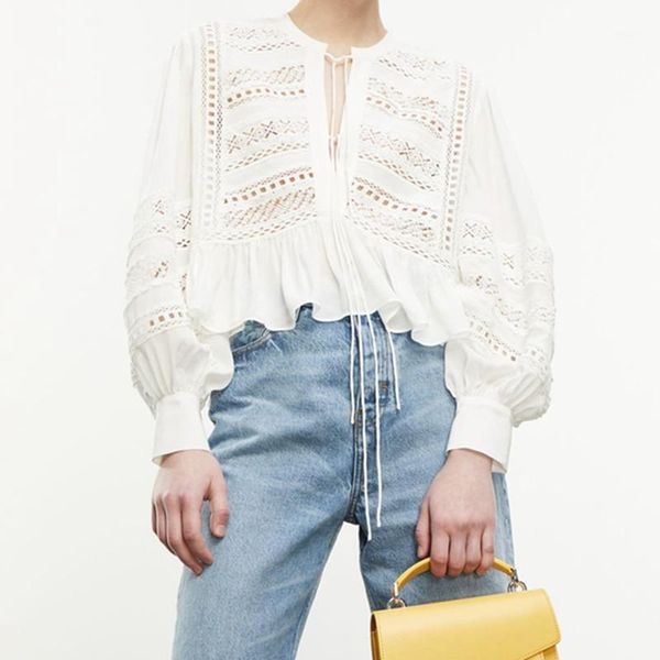 

women's blouses & shirts 2021 summer women blouse hollow out lace-up embroidery lace ruffles trim long sleeve ladies black and white sh