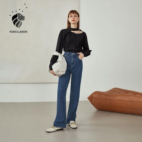 

women's blouses & shirts fansilanen office lady ly autumn 2021 women black irregular hollow shirt long sleeves designed, White