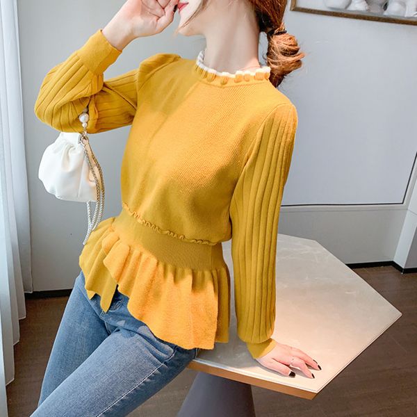 

women's two piece pants autumn winter fashion clothing ruffles waist slimming korean knitted pullovers bottoming sweaters sueters de mu, White