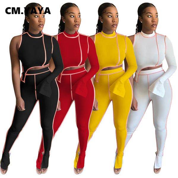 

patchwork sweatsuit two 2piece set for women fall winter fitness outfit one sleeve +flare pants set street trasuitby air, White
