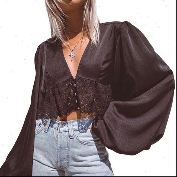 

women shirt long lantern sleeve blouse fashion elegant beach office lady crop deep v neck lace floral blusa fall, White