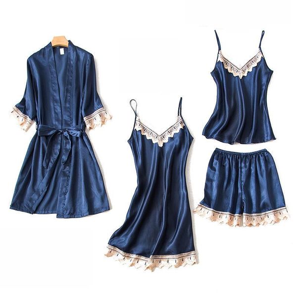 

women's sleepwear 4pcs/lot women pajamas sets nightgown satin nightdress night gown sleeveless slings+shorts homewear xxl #f, Black;red