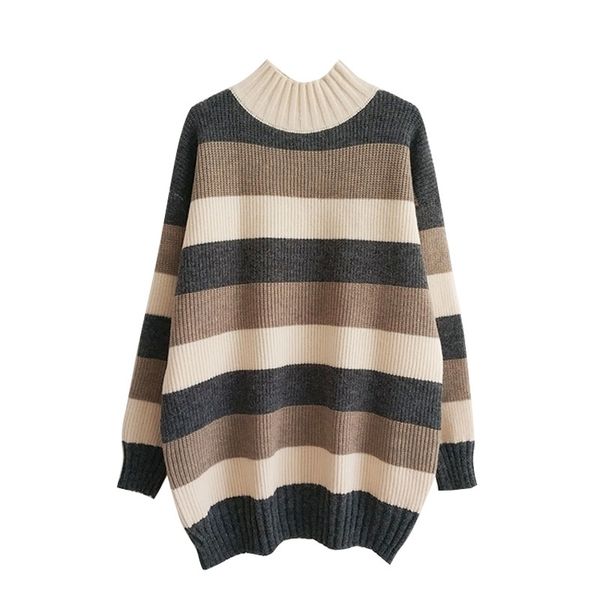 

women sweater knitted turtleneck beige khaki brown gray pullovers stripped loose winter m0142 210514, White;black