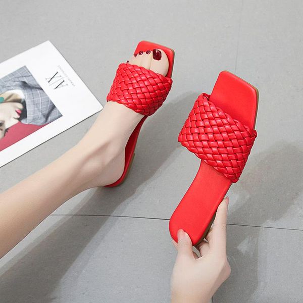 

slippers women's flat plaited fashion square toe woman shoes lattice ladies slides casual comfort open female mules summer, Black