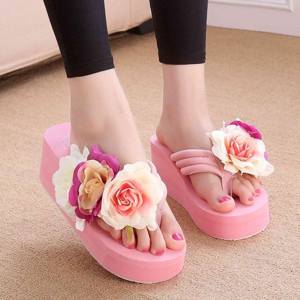 

slippers summer beach vacation handmade flowers high-heeled flip-flops ladies xl woman shoes, Black