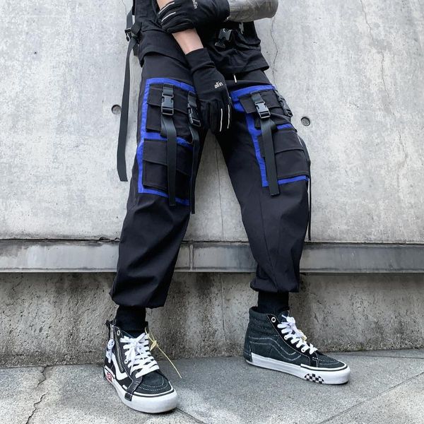 

2021ribbons multi pockets cargo pants men harajuku casual track trouser hip hop streetwear harem joggers sweatpants men's, Black
