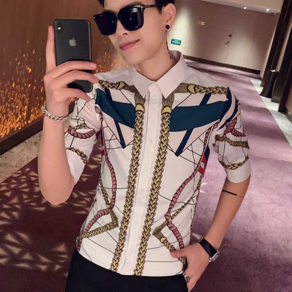 

summer hawaiian shirt men luxury print casual slim dress shirt short sleeve social shirt night club clothing blouse homme 210527, White;black