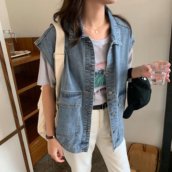 

denim vest for women large plus size jean waistcoat female sleeveless coat spring autumn casual streetwear jacket light blue women's ve, Black;white