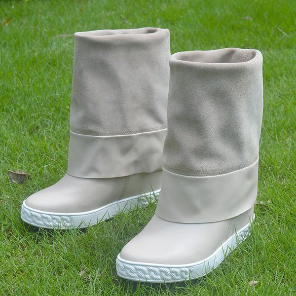 

boots women spring autumn wedge hidden casual shoes 8cm height increasing genuine leather platform ankle woman, Black