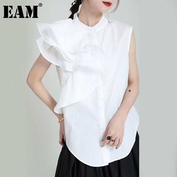 

women's blouses & shirts [eam] women white ruffles temperament blouse stand collar sleeveless loose fit shirt fashion tide spring summe