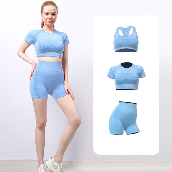 

summer yoga suit seamless sports bra quick drying short sleeve hip lifting slim pants yoga, Gray