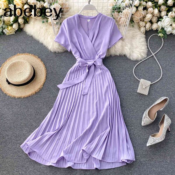

fashion solid pleated dress women v neck short sleeves sashes long es summer midi office lady 210512, Black;gray