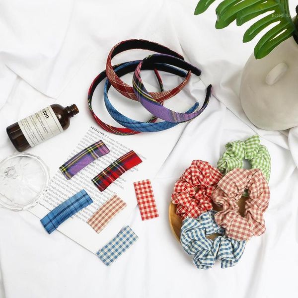 

fabric plaid hairband elastic hair hoop ring bb clip hairpins scrunchies accessories headbands for women headwear1