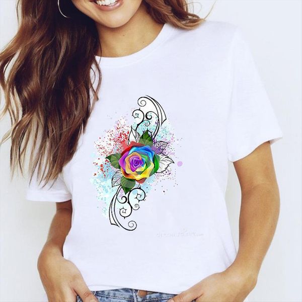 

graphic kawaii watercolor trend womens floral fashion spring 90s summer clothes tees print female t shirt, White