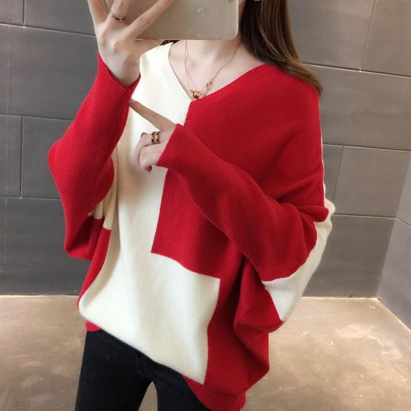 

women's sweaters spring and autumn fashion color matching v-neck bottoming shirt bat sleeve loose korean student pullover sweater women, White;black