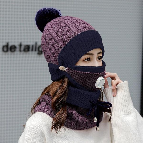 

beanies three-piece hat, bib, mask, women's winter cycling thick woolen cap, fur ball, ear protection, knitted bib hat