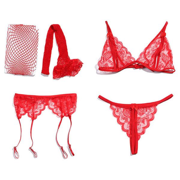 

4pcs porno babydoll lingerie erotic open bra garter panty + net stockings underwear set red baby doll costum, Red;black