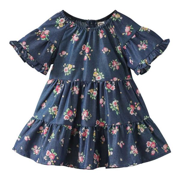 

girls' summer floral dress sweet princess style denim dress for kids g1026, Red;yellow