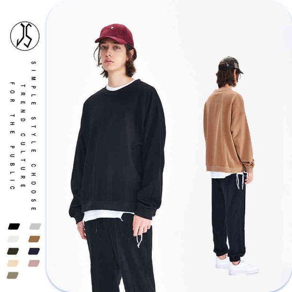 

autumn and winter 2021 new 370g men's round neck sweater loose solid color pure cotton tide brand national tide couple h1206, Black
