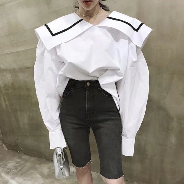 

women's blouses & shirts [ewq] spring autumn long puff sleeve white sailor collar loose size blouse korea style casual women shirt mg48