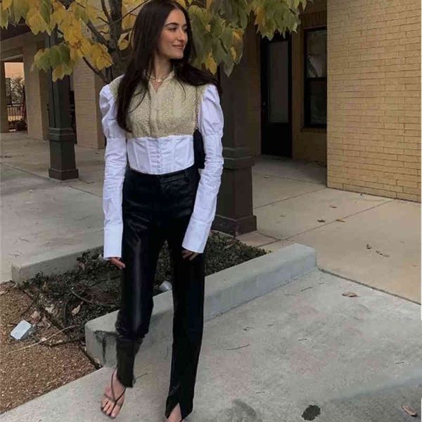 

women's blouses & shirts novelty spring fall ladies chic puff sleeve woven twist contrast stitching short trend tunic sashes shirt pers, White