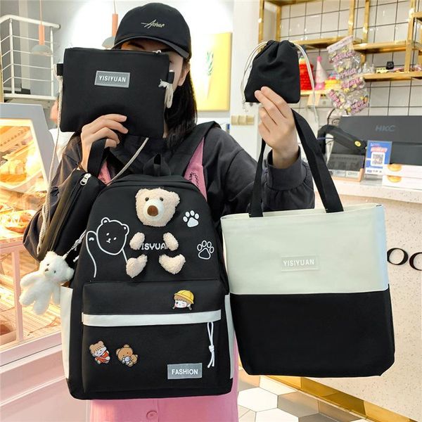 

school bags 5pcs set cute bear doll women canvas backpack for teenage girls kawaii college student kids book bag lapbolsas