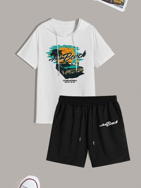 

romwe guys letter car graphic hooded tee & drawstring shorts f9pw#, Gray