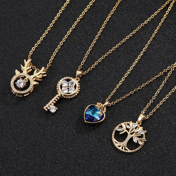 

pendant necklaces fashion shiny blue heart of the ocean necklace for women girls gold color cubic zircon rhinestone tree life jewelry, Silver