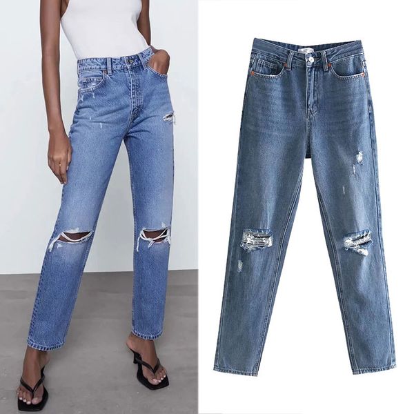 

women's jeans za women's brem pants, high-waisted denim brim pants for women with casual, straight-fashion fashion streetwear pock, Blue