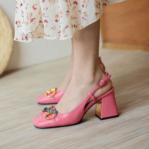 

baotou sandals women summer thick heel back empty square head horse rank buckle mary jane high heels, Black