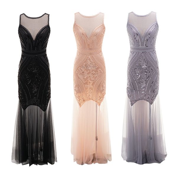 

see-through backless dress banquet party dress long skirt sleeveless sequined vest skirt women, Black;red