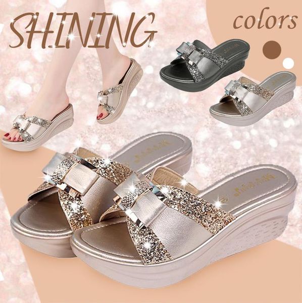 

womens slipper ladies fashion high heels butterfly knot crystal wedge slip on beach slippers outdoor casual comfortable shoes, Black