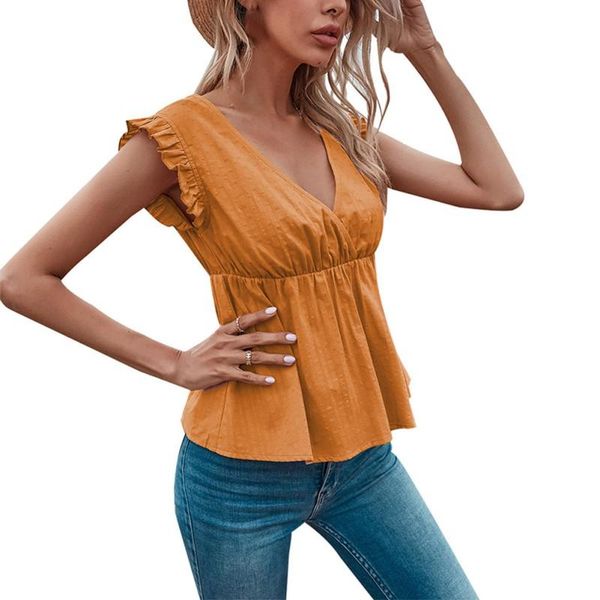 

women's blouses & shirts women summer deep v-neck sleeveless waist blouse ladies dot print lotus sleeve shirt female crop, White