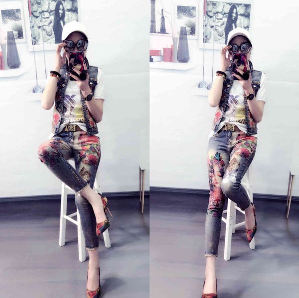 

fashion sport suit two tracksuits piece women's with able heavy industry elastic vest and jeans, Gray
