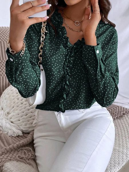 

polka dot ruffle trim blouse v3ss#, White