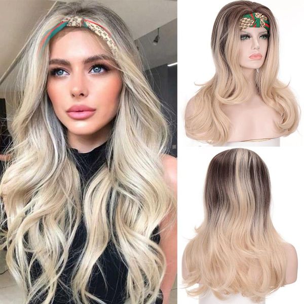 

synthetic wigs houyan golden gradient black female wavy curly hair with headband wig high temperature fiber