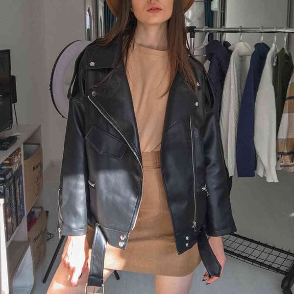 

women's leather & faux ailegogo-casaco de couro feminino, jaqueta solta para mulheres, estilo bf, com gola virada baixo, zÃ­per, preto,, Black