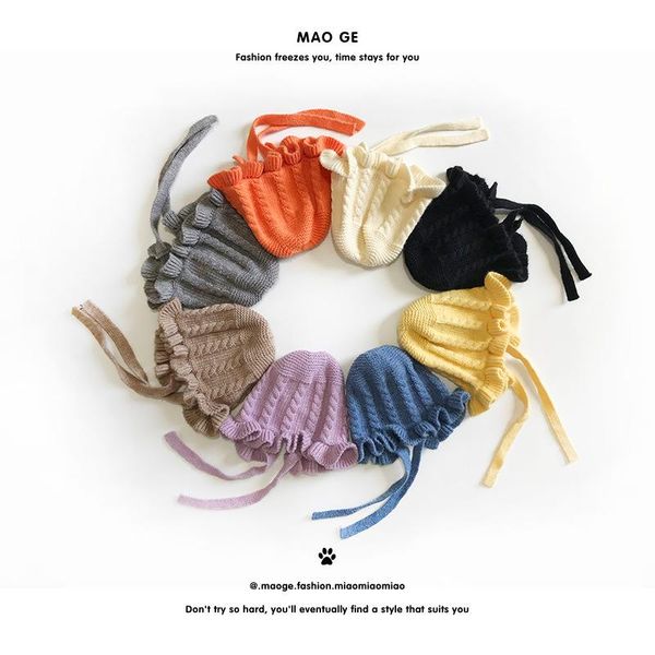 

caps & hats 2021 children's knitted hat autumn winter wool boys girls lovely fold lace bandage warm, Yellow