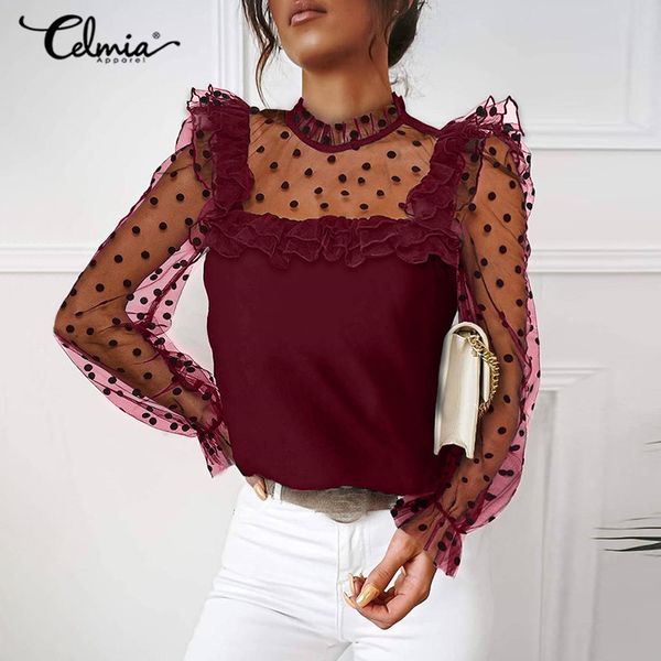 

blouses fashion see-through mesh sheer lace stitching blouses celmia women polka dot long sleeve elegant ruffles stand collar tunic, White