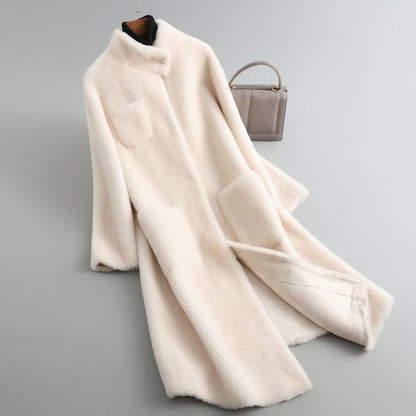 

women's fur & faux winter thick warm real coats elegant loose long sheep shearling outwear korean casual genuine wool soft jacket j183, Black