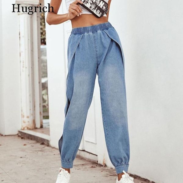 

women jeans boyfriend for denim split legs streetwear high waist sports pants loose pockets beam feet women's, Blue