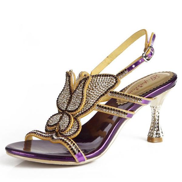 

summer purple female sandals diamond luxury flowers high heels evening wedding shoes 8cm dress, Black